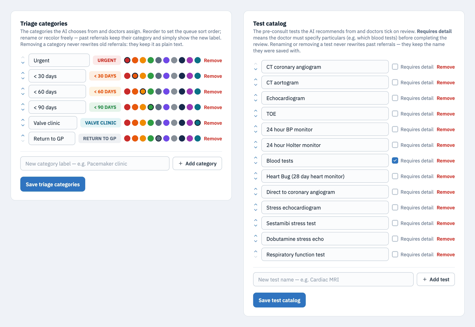 Settings editors for triage categories and the test catalog: category rows with rename fields, reorder arrows, and a ten-color palette — including an added Valve clinic category — and test rows with per-test Requires detail toggles, with Blood tests toggled on