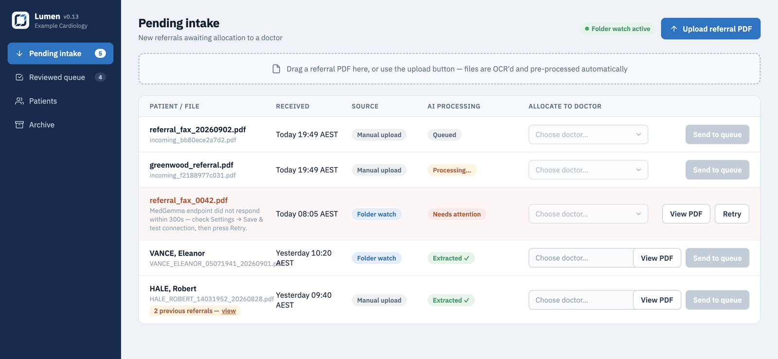 Pending intake queue with rows for queued, processing, needs-attention, and extracted referrals, a duplicate-referral flag, and doctor allocation controls