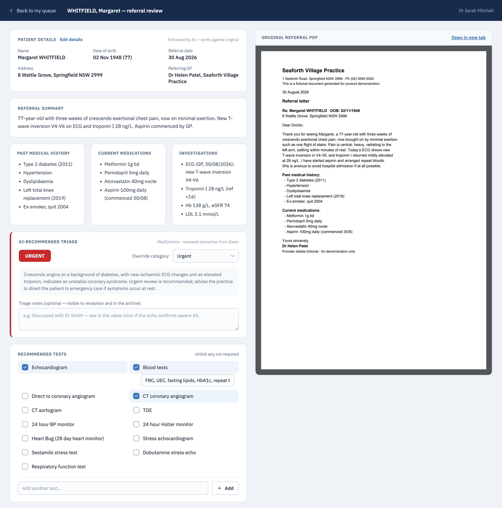 Lumen doctor review screen: extracted patient details, referral summary, past medical history, medications, investigations, an AI-recommended urgent triage with rationale, a pre-consult test checklist, and the original referral PDF alongside
