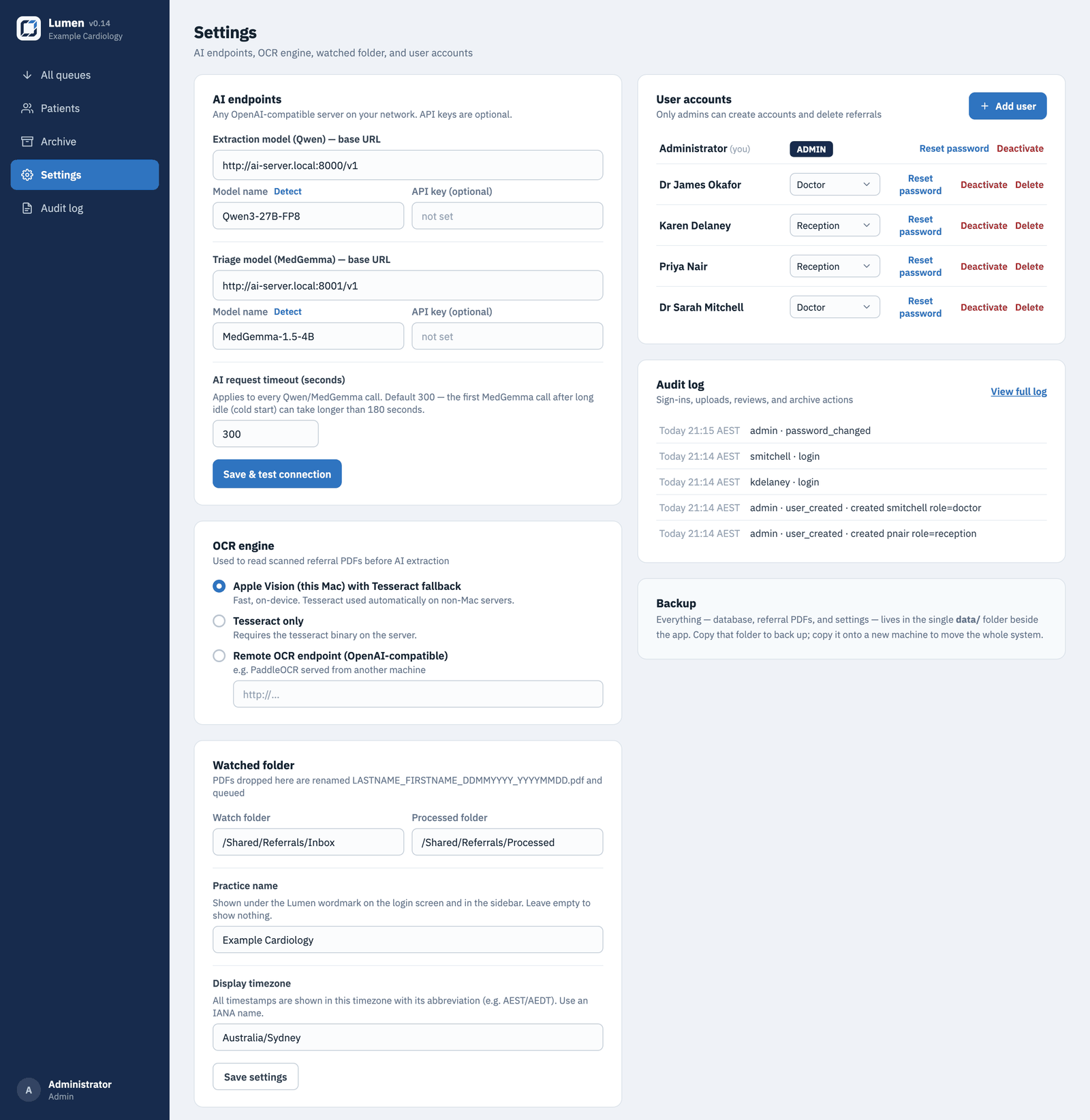 Admin settings: AI endpoint base URLs with model auto-detect, request timeout, user accounts with roles, audit log, OCR engine choice, watched folder, and practice name